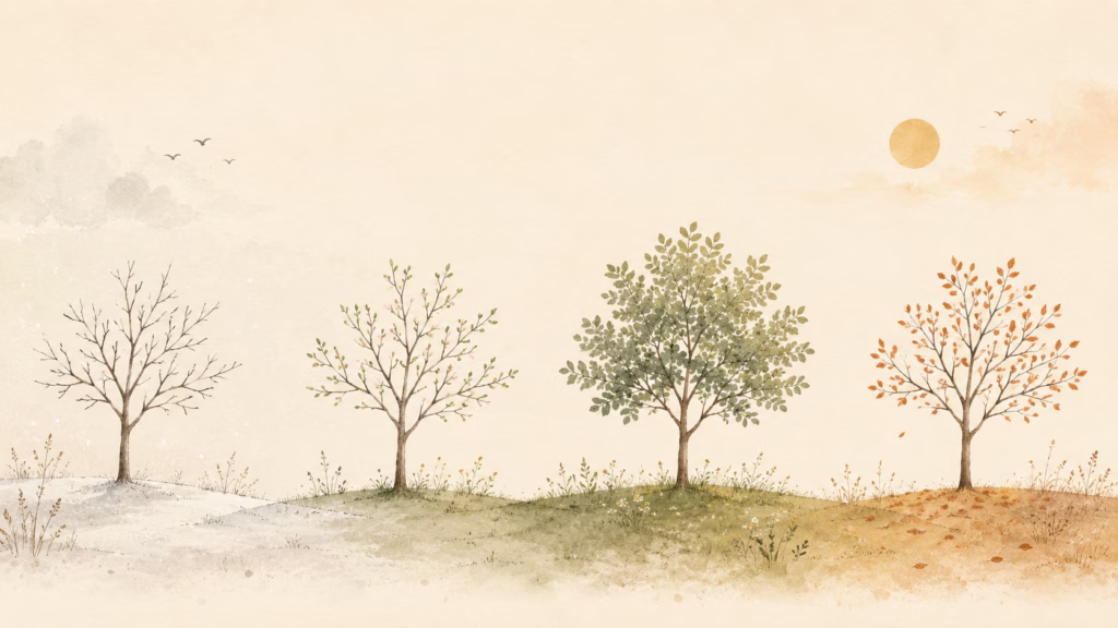 Calm minimalist blog header illustration showing a single small tree gently transitioning through four seasons across a soft horizon — bare, budding, full, and resting. Peaceful, reflective, hopeful mood symbolizing natural cycles of abundance. Warm cream background with muted sage, terracotta and soft gold tones.