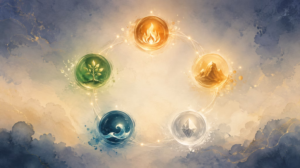 Five glowing orbs representing the Chinese Five Elements — Wood (deep green), Fire (warm amber), Earth (ochre gold), Metal (soft silver-white), Water (deep teal-blue) — arranged in a gentle circle, connected by thin flowing lines of light suggesting relationships between them.